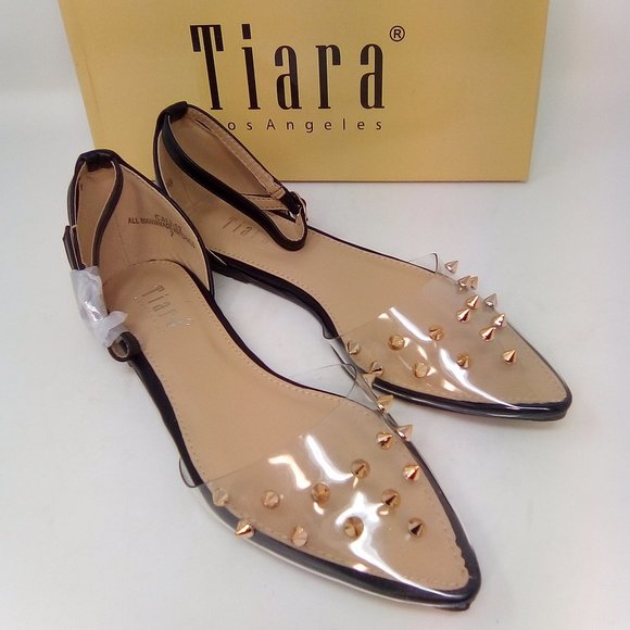 Tiara Los Angeles Shoes - NIB Transparent ankle Strap Gold Spikes flats shoe